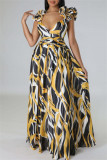 Yellow Casual Print Backless Cross Straps Spaghetti Strap Long Dresses