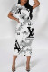 Gray White Street Elegant Letter Print Gradient Contrast O Neck Printed Short Sleeve Dress