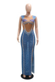 Blue Sexy Patchwork Hot Drilling Slit O Neck Long Dresses
