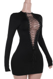 Black Sexy Solid Color Hollow Out Patchwork Cross Straps Asymmetrical Collar Wrapped Skirt Dresses