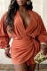 Tangerine Red Casual Solid Color Belted Deep V Neck Long Sleeve Dresses