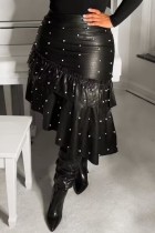 Black Casual Solid Color Beading Irregular Bodycon High Waist Conventional Patchwork Bottoms