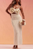 Apricot Elegant Solid Color Hollow Out Patchwork Flower Shape Spaghetti Strap Sling Dresses