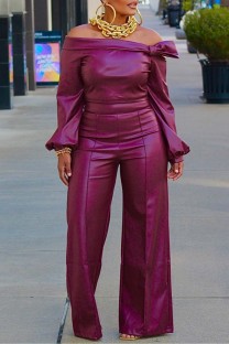 Burgundy Casual Solid Color Patchwork Off Shoulder Long Sleeve Two Pieces