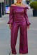 Burgundy Casual Solid Color Patchwork Off Shoulder Long Sleeve Two Pieces