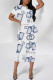 White Street Elegant Letter Print Contrast O Neck Printed Short Sleeve Dress