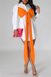 Orange Casual Patchwork Buttons Bow Decor Belted Contrast Turndown Collar Shirt Dresses