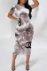 Red White Street Elegant Letter Print Gradient Color Contrast O Neck Printed Short Sleeve Dress