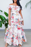 Milky Elegant Print Patchwork Backless Ruffled Trim Off Shoulder Long Dresses