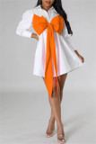 Orange Casual Patchwork Buttons Bow Decor Belted Contrast Turndown Collar Shirt Dresses