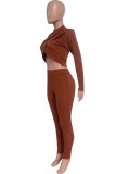 Light Brown Sexy Hot Solid Color Irregular Half A Turtleneck Long Sleeve Two Pieces (Without Belt)