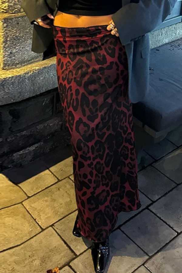 Fuchsia Casual Leopard Print Basic Bodycon High Waist Conventional Full Print Skirts