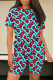 Blue Casual Street Plaid Floral Print Letters Contrast O Neck Short Sleeve Two Pieces