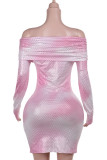 Pink Sexy Gradient Color Sequins Patchwork Backless Off Shoulder Wrapped Skirt Dresses