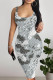 White Grey Sexy Street Cartoon Print Letters Gradient Contrast U Neck Printed Dresses