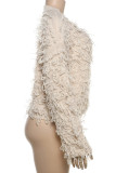 Pink Casual Solid Color Fringed Trim Buckle Patchwork O Neck Outerwear