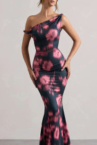 Pink Elegant Print Patchwork Backless Oblique Collar Dresses