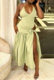 Green Yellow Sexy Solid Color Backless Belted Spaghetti Strap Sleeveless Two Pieces