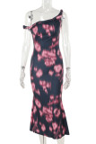 Pink Elegant Print Patchwork Backless Oblique Collar Dresses