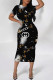 Black Street Elegant Letter Print Contrast O Neck Printed Short Sleeve Dress