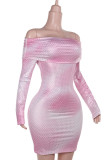 Pink Sexy Gradient Color Sequins Patchwork Backless Off Shoulder Wrapped Skirt Dresses