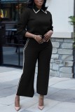 Black Casual Patchwork Pearls Decor Turndown Collar Long Sleeve Two Pieces