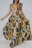 Yellow Casual Print Backless Cross Straps Spaghetti Strap Long Dresses