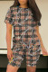 Brown Casual Street Plaid Floral Print Letters Contrast O Neck Short Sleeve Two Pieces