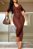 Coffee Casual Solid Color Zipper V Neck Skinny Jumpsuits
