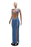 Blue Sexy Patchwork Hot Drilling Slit O Neck Long Dresses