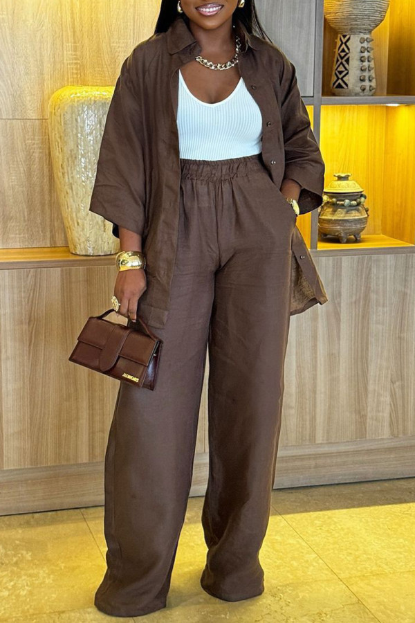 Brown Casual Solid Color Pocket Buckle Patchwork Turndown Collar Three Quarter Two Pieces