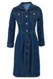 Deep Blue Casual Solid Color Buttons Turndown Collar Long Sleeve Regular Denim Dresses