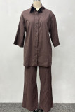 Brown Casual Solid Color Pocket Buckle Patchwork Turndown Collar Three Quarter Two Pieces