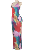 Colour Sexy Print Patchwork Backless Spaghetti Strap Sling Dresses