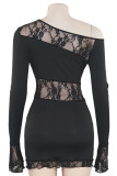 Black Sexy Solid Color Lace Patchwork See-Through Oblique Collar Wrapped Skirt Dresses