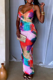 Colour Sexy Print Patchwork Backless Spaghetti Strap Sling Dresses