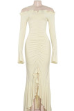 Apricot Sexy Elegant Solid Color Patchwork Slit Ruched Off Shoulder Irregular Dresses
