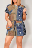 Dark Blue Casual Street Faux Denim Print Draw String Pocket O Neck Loose Rompers
