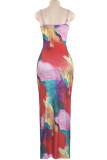 Colour Sexy Print Patchwork Backless Spaghetti Strap Sling Dresses