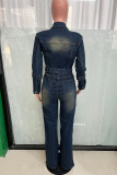 Deep Blue Street Pocket Buckle Patchwork With Belt Turndown Collar Long Sleeve Regular Denim Jumpsuits