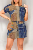 Dark Blue Casual Street Faux Denim Print Draw String Pocket O Neck Loose Rompers