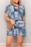 Dark Blue Casual Street Faux Denim Print Draw String Pocket O Neck Loose Rompers