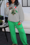 Light Gray Casual Street Santa Hats Print Christmas Tree Letters O Neck Tops