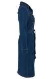 Deep Blue Casual Solid Color Buttons Turndown Collar Long Sleeve Regular Denim Dresses