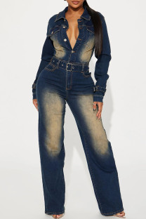 Deep Blue Street Pocket Buckle Patchwork With Belt Turndown Collar Long Sleeve Regular Denim Jumpsuits