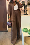 Brown Casual Solid Color Pocket Buckle Patchwork Turndown Collar Three Quarter Two Pieces