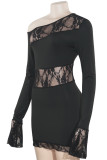 Black Sexy Solid Color Lace Patchwork See-Through Oblique Collar Wrapped Skirt Dresses