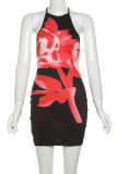 Black Sexy Print Patchwork O Neck Wrapped Skirt Dresses