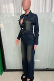 Deep Blue Street Pocket Buckle Patchwork With Belt Turndown Collar Long Sleeve Regular Denim Jumpsuits