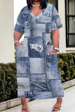 Dark Blue Casual Street Faux Denim Print Pocket V Neck Printed Plus Size Dresses